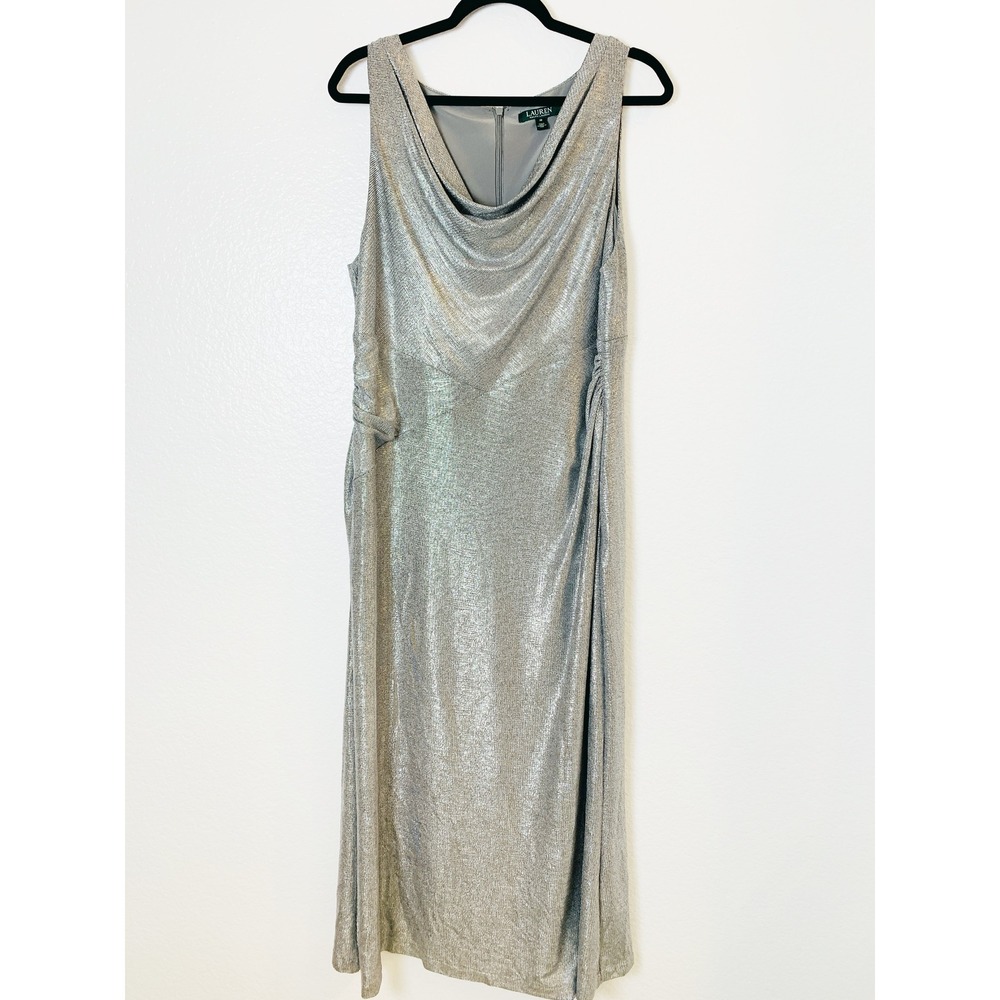 Lauren Ralph Lauren Maxi Dress Women 18 Silver Metallic Cowl Neck Formal Gown
